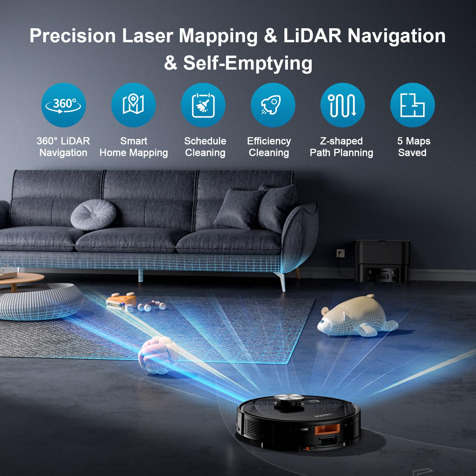 MAMNV robot vacuum-wet-dry-mop-230ml-tank shows integrated mop and water capacity for messes