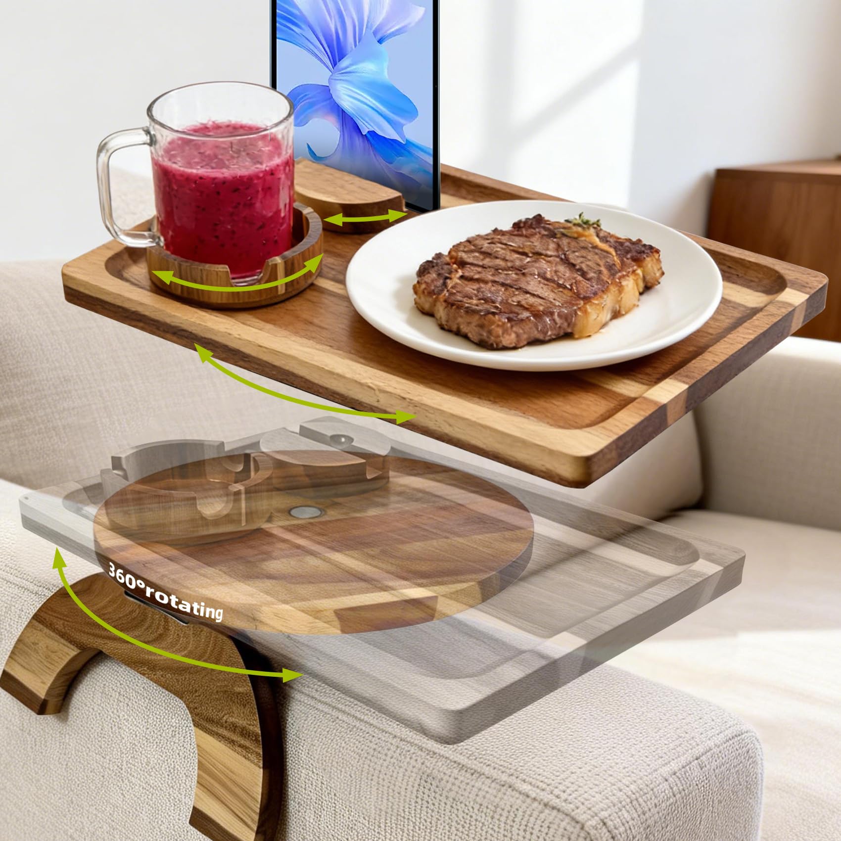 Manspdier 360° rotating base on acacia wood enhances versatile sofa use