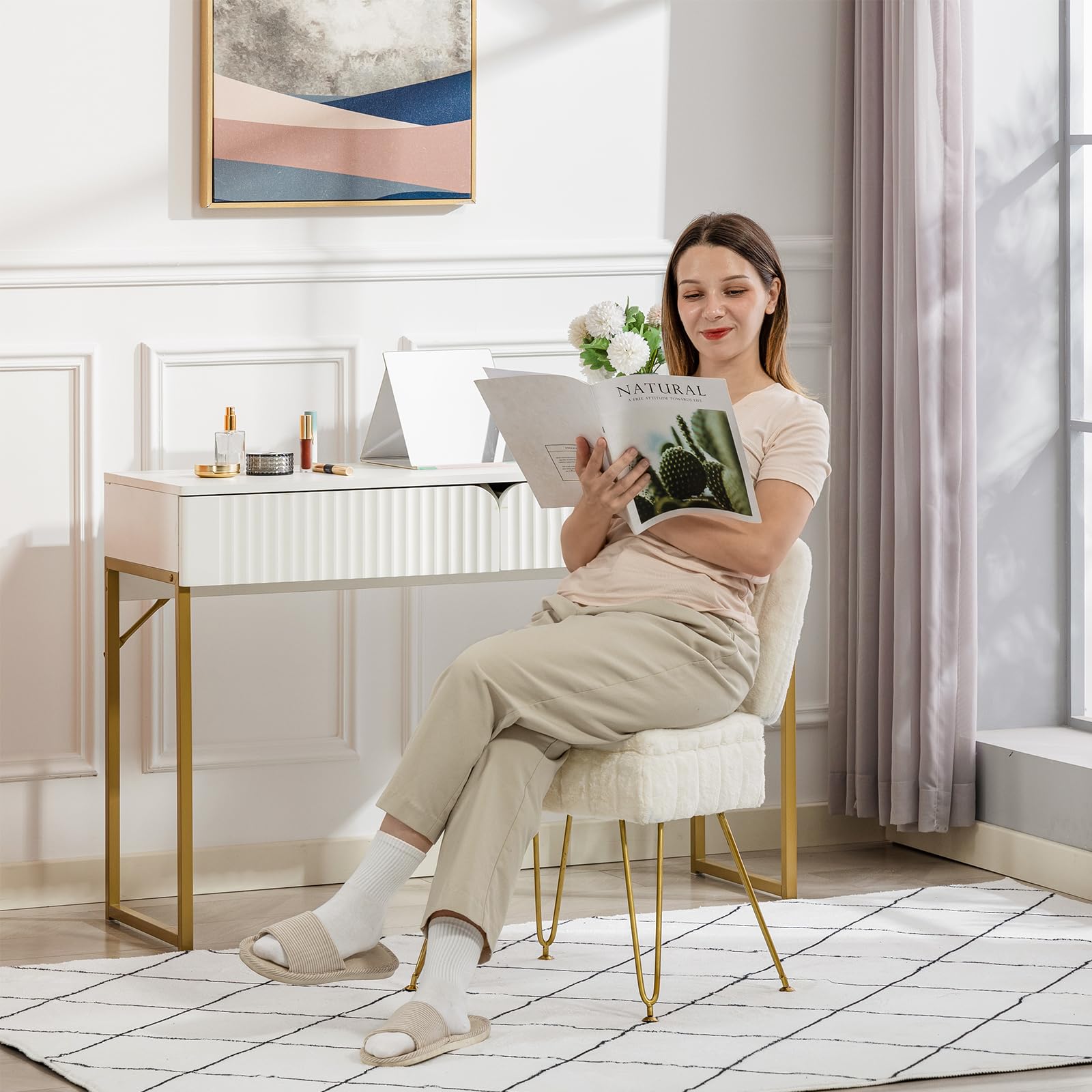 Manyday vanity chair with faux rabbit fur seat offers plush comfort.