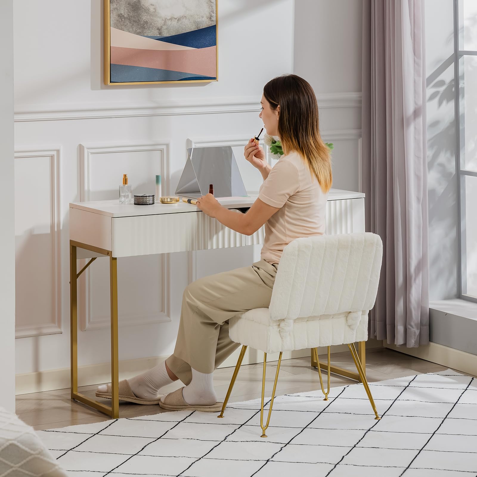 Manyday vanity chair foldable back saves space for compact rooms.