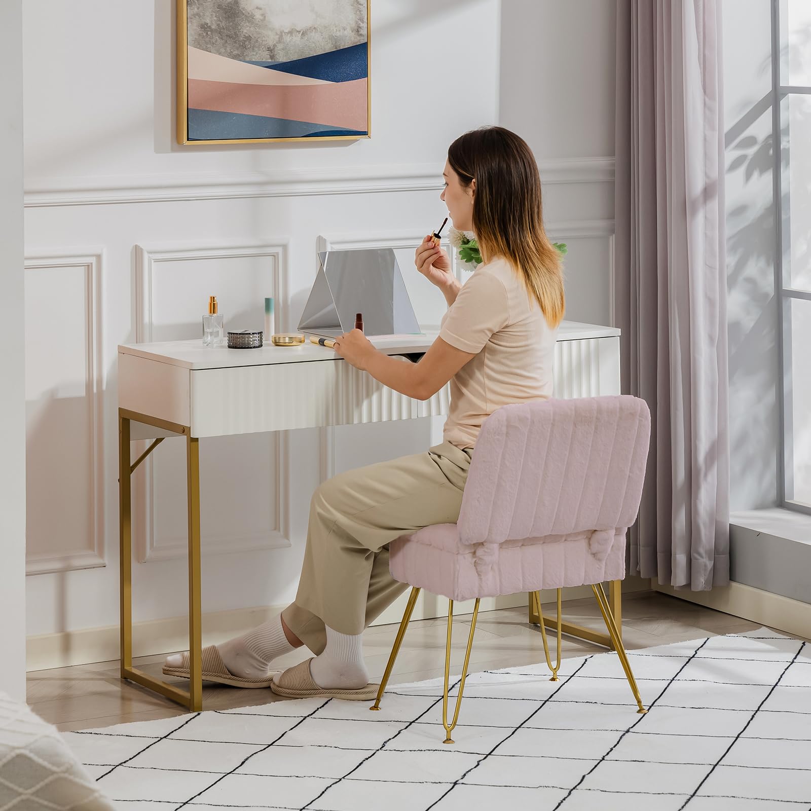 Manyday Vanity Chair foldable back design saves space in small rooms.
