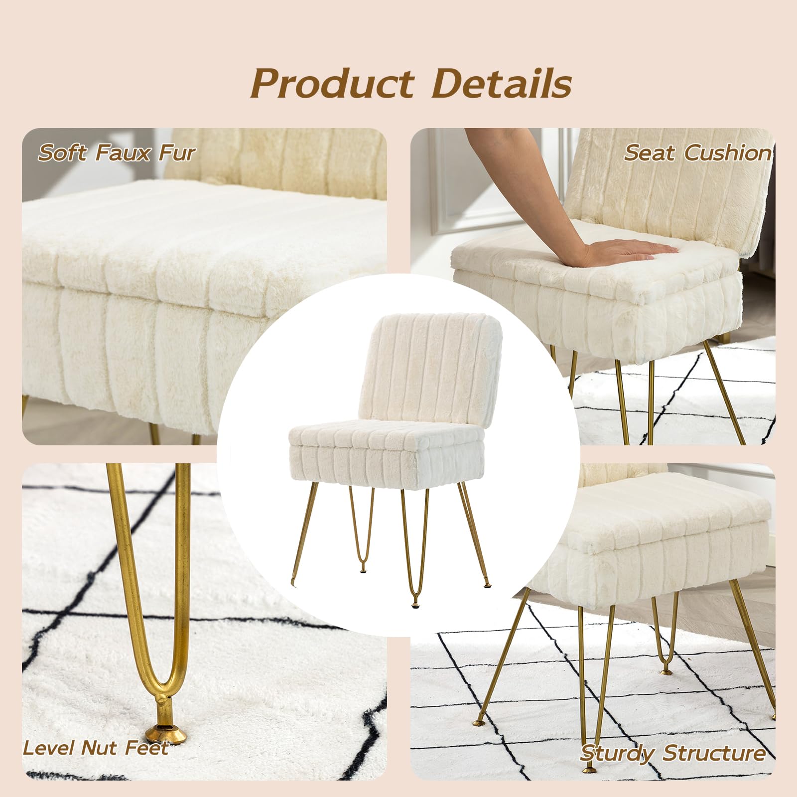 Manyday vanity chair features four metal legs for stability.