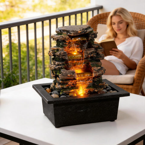 MAOCHI Tabletop Water Fountain – Deep Basin, Natural River Rocks, Automatic Pump for Indoor Zen Decor