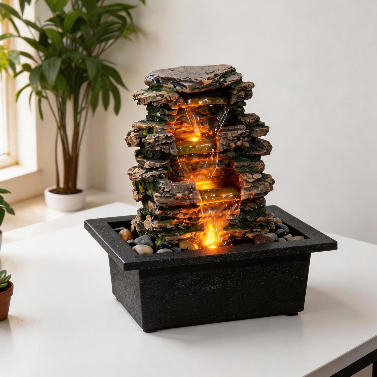 MAOCHI Tabletop Water Fountain – Deep Basin, Natural River Rocks, Automatic Pump for Indoor Zen Decor