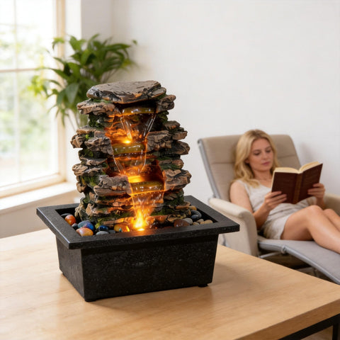 MAOCHI Tabletop Water Fountain – Deep Basin, Natural River Rocks, Automatic Pump for Indoor Zen Decor