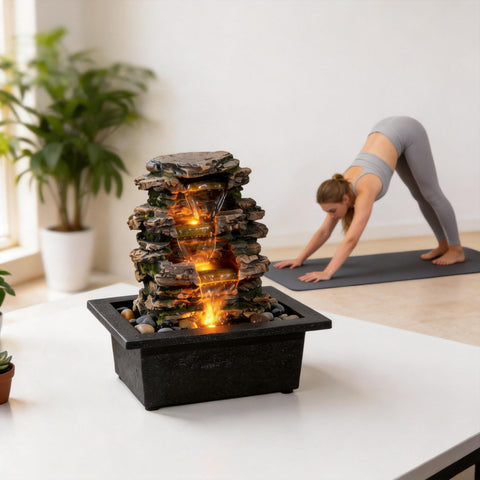 MAOCHI Tabletop Water Fountain – Deep Basin, Natural River Rocks, Automatic Pump for Indoor Zen Decor