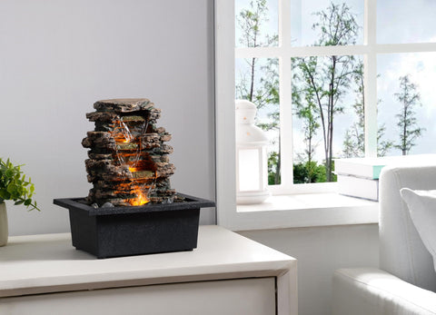 MAOCHI Tabletop Water Fountain – Deep Basin, Natural River Rocks, Automatic Pump for Indoor Zen Decor