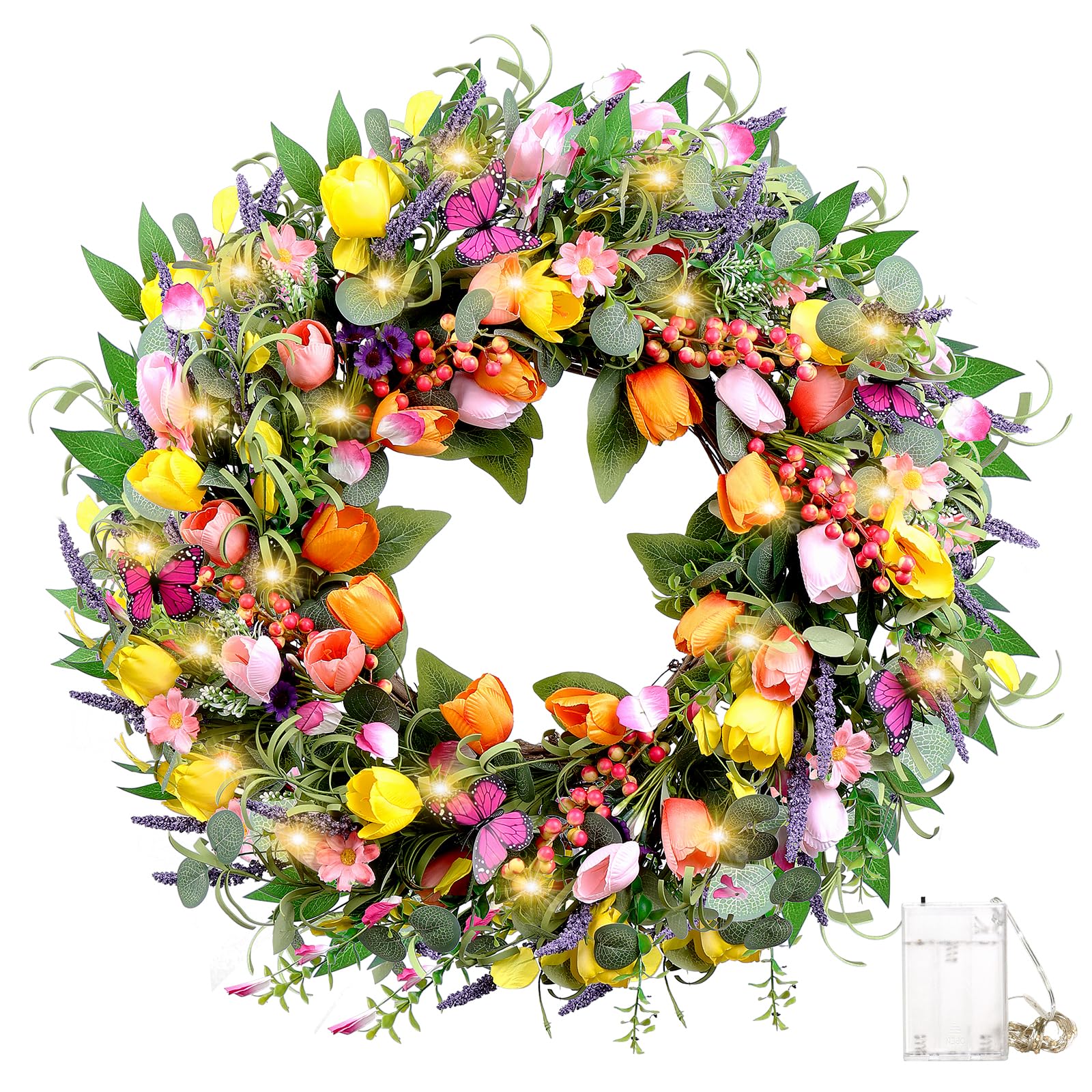 Mapaim 24-inch spring wreath on front door with tulips and butterflies