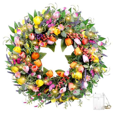 Mapaim 24-inch spring wreath on front door with tulips and butterflies