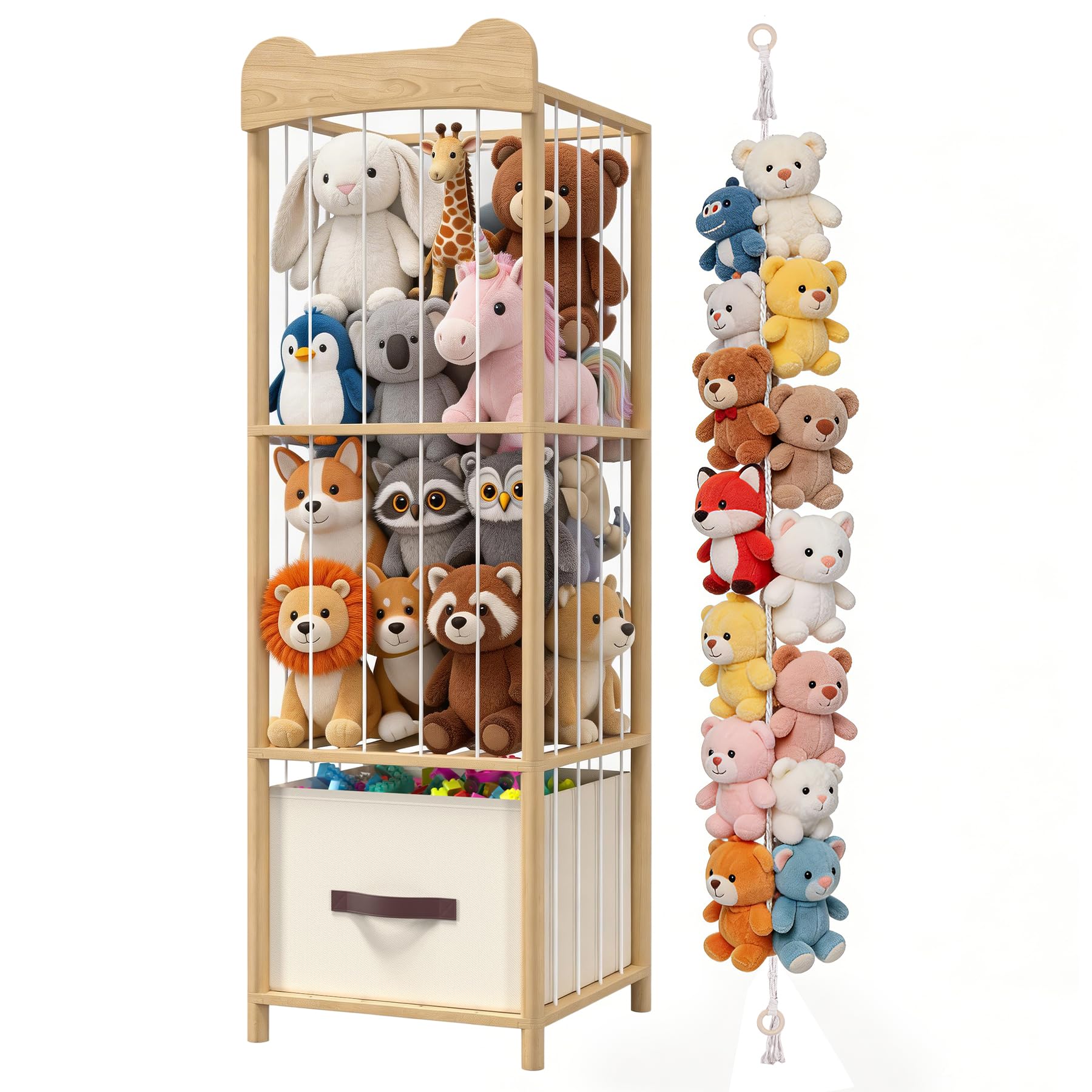 MapleGrace stuffed-animal-vertical-tower keeps plush toys neatly organized in a playroom.