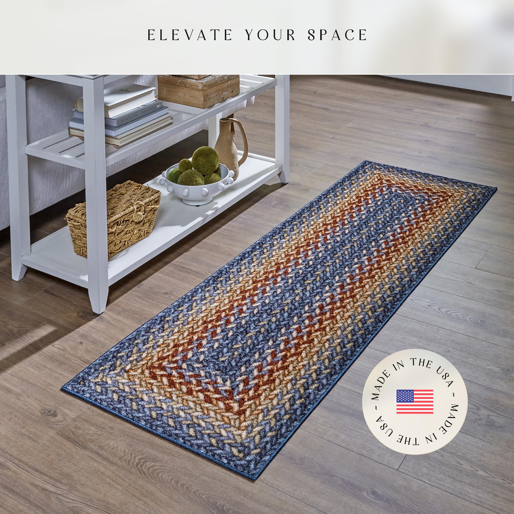 Maples Rugs Marion blue-green-yellow-rust palette brightens entryways.