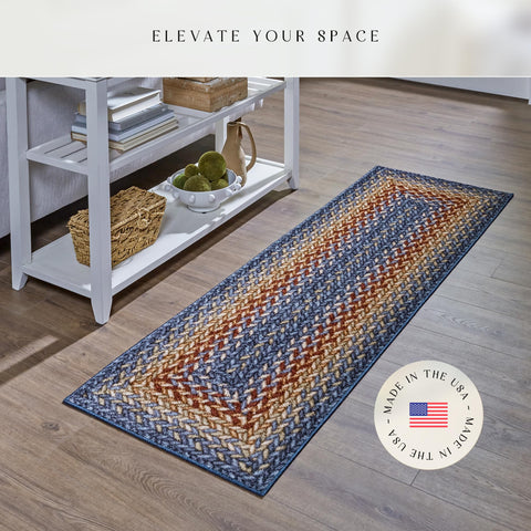 Maples Rugs Marion blue-green-yellow-rust palette brightens entryways.