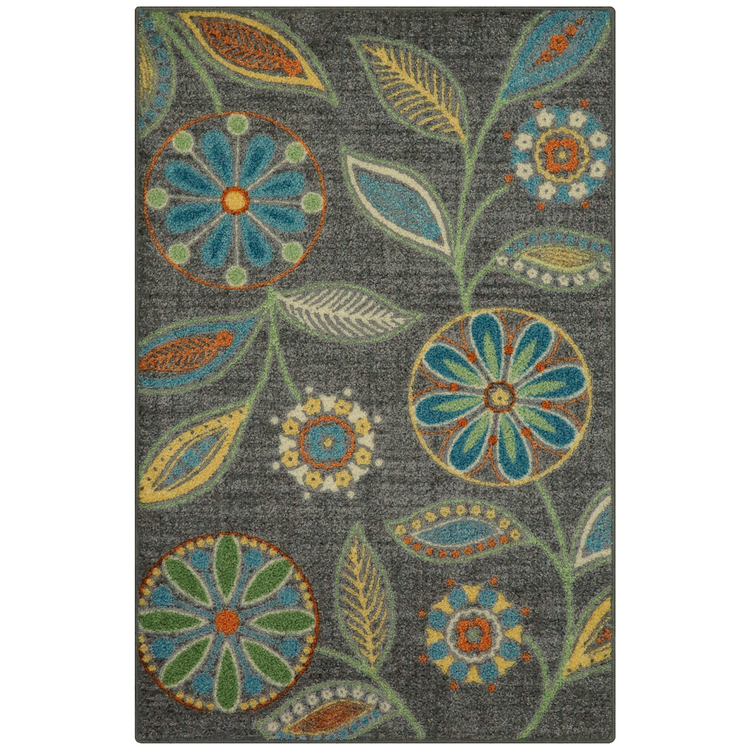 Maples Rugs Reggie floral kitchen rug in dark grey with vibrant botanical pattern for entryways.