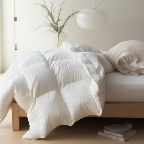 Maple&Stone twin feather down comforter close-up shows plush fill against breathable cotton shell.