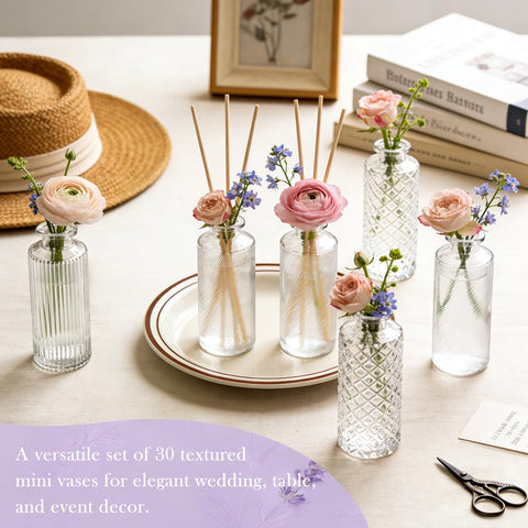 Mapoxy 30-pack clear bud vases for bulk wedding decorations.