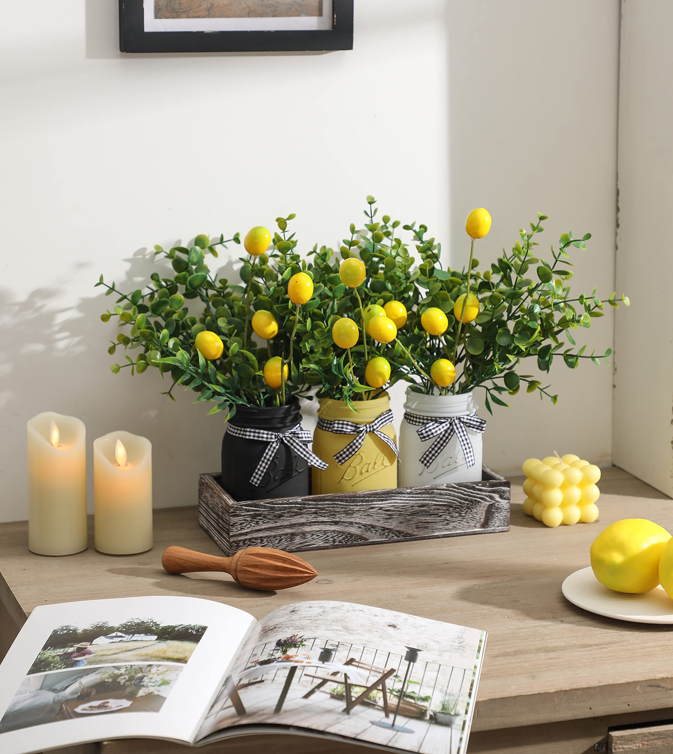 Maracco lemon mason jars with rustic wooden base highlight cozy kitchen table vibe.