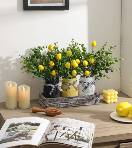 Maracco lemon mason jars with rustic wooden base highlight cozy kitchen table vibe.