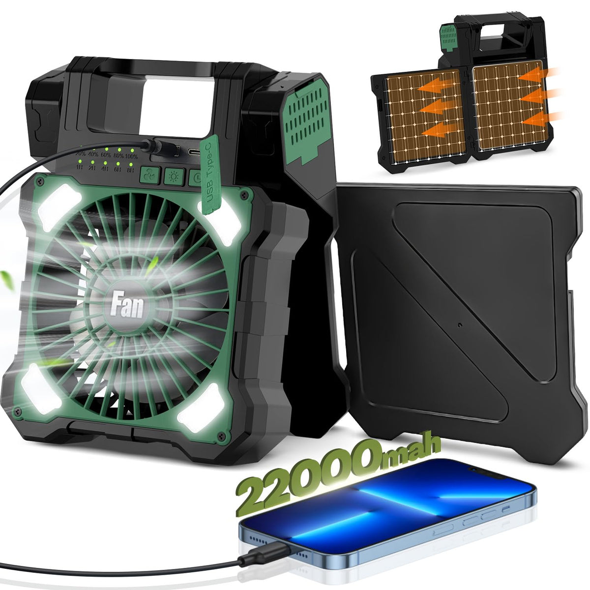 Maraiss 22000mAh solar fan front view for outdoor travel and all-day cooling.