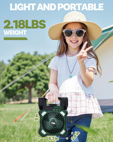 Maraiss portable camping fan in action, ideal for tent and small space cooling.