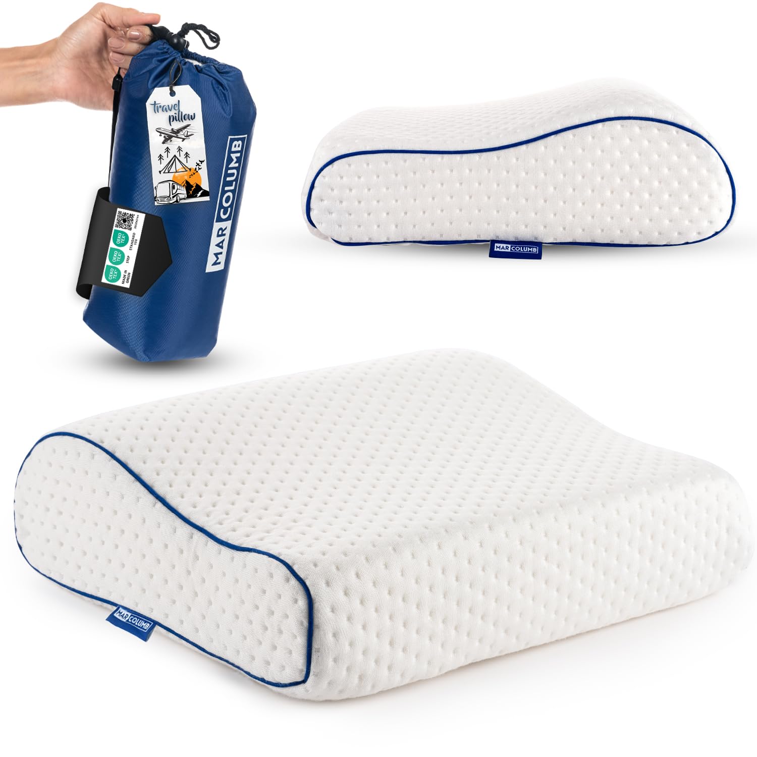Marcolumb travel pillow compact in bag for easy packing on trips.