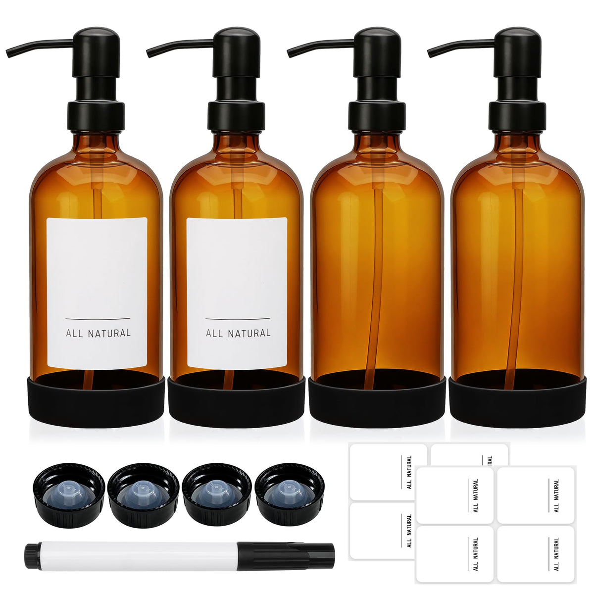 Maredash amber glass bathroom dispenser set for a tidy look.