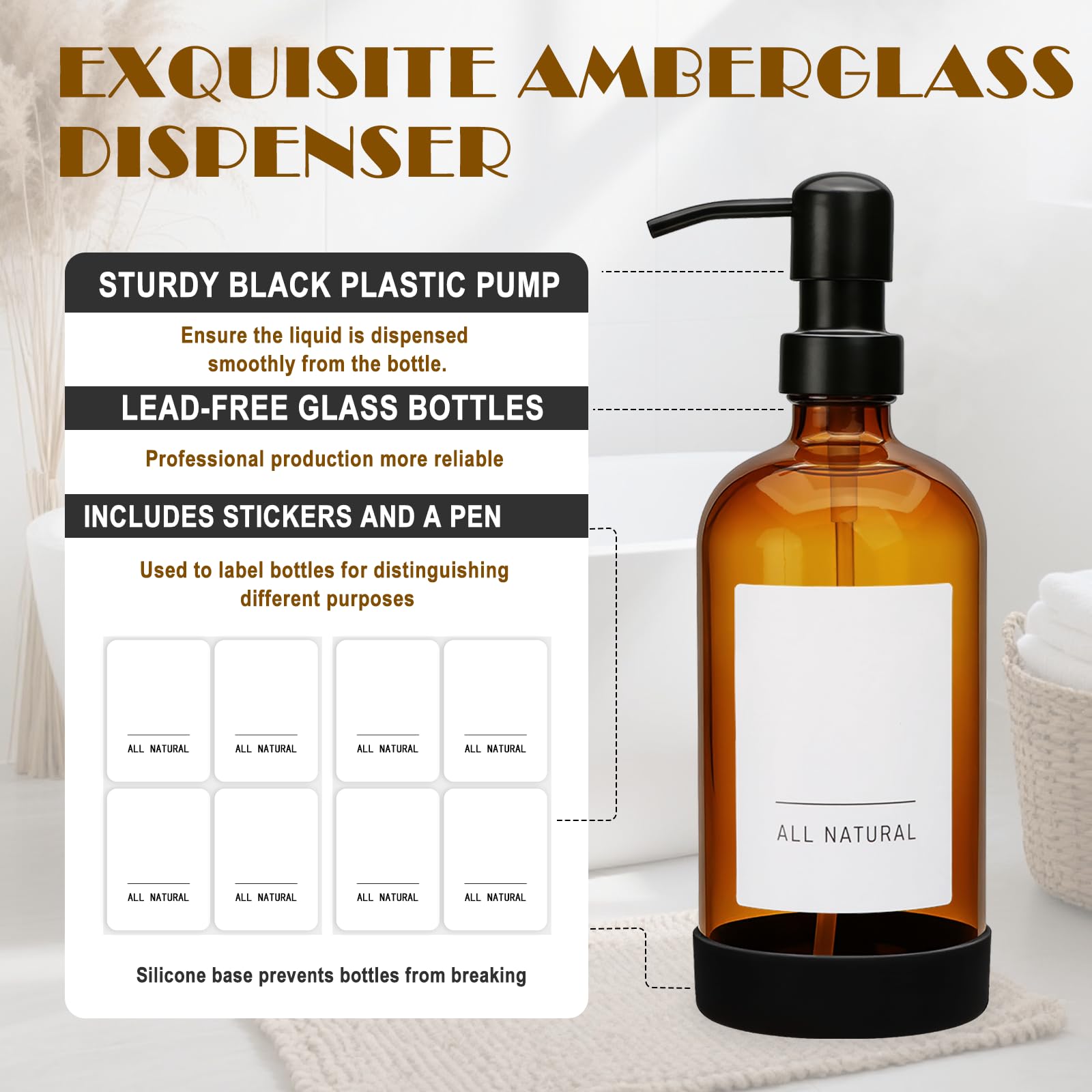 Maredash pump bottle close-up highlights thick glass durability.
