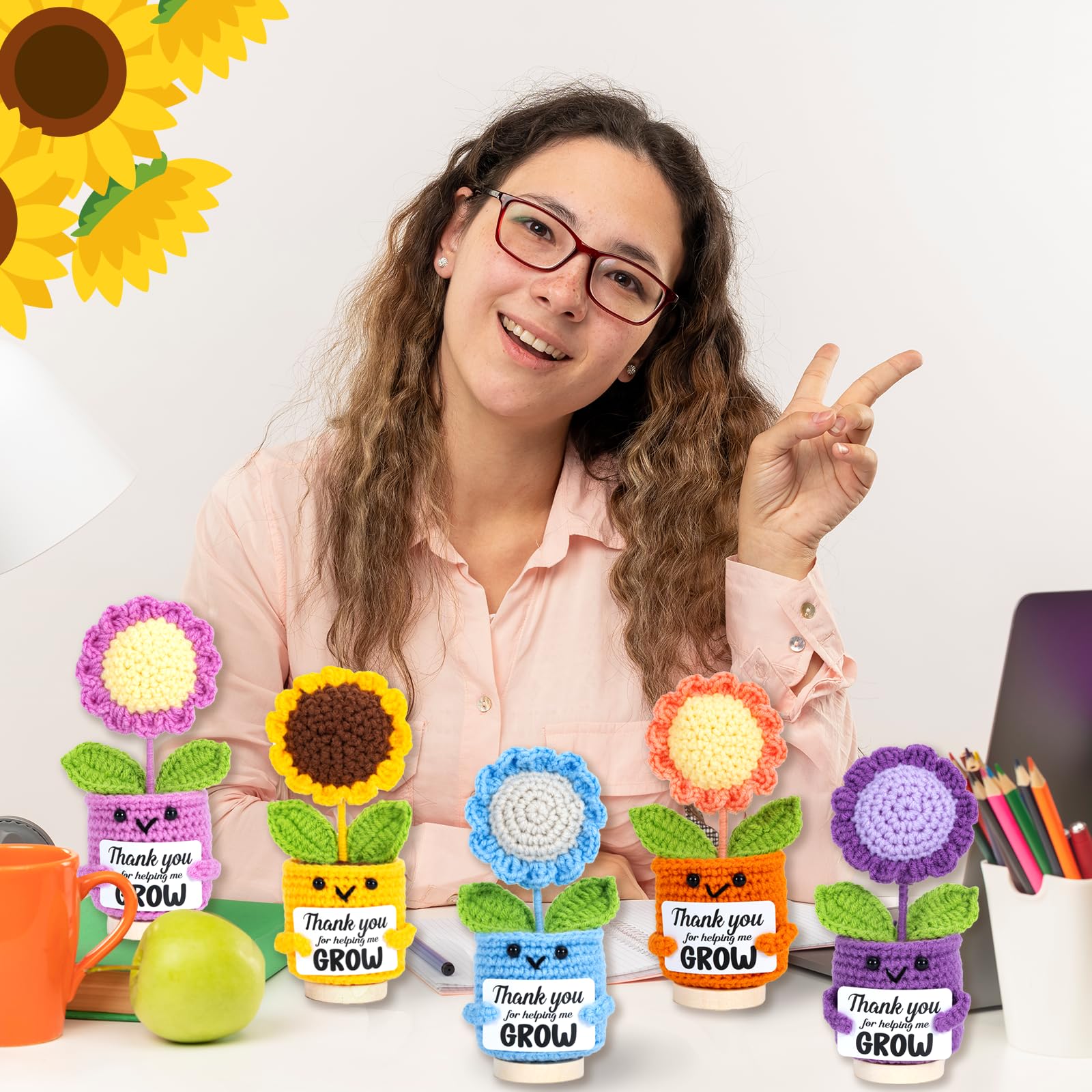 Marhpveua vibrant sunflower crochet display, ideal desktop decor bringing color to any classroom.