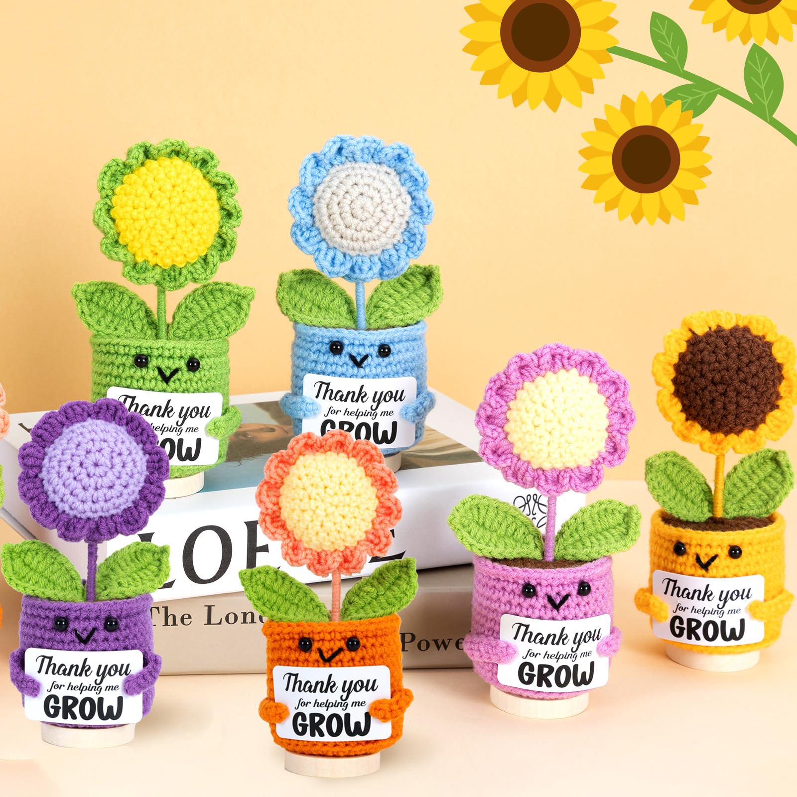 Marhpveua sunflower doll card message display, featuring gratitude for growth.
