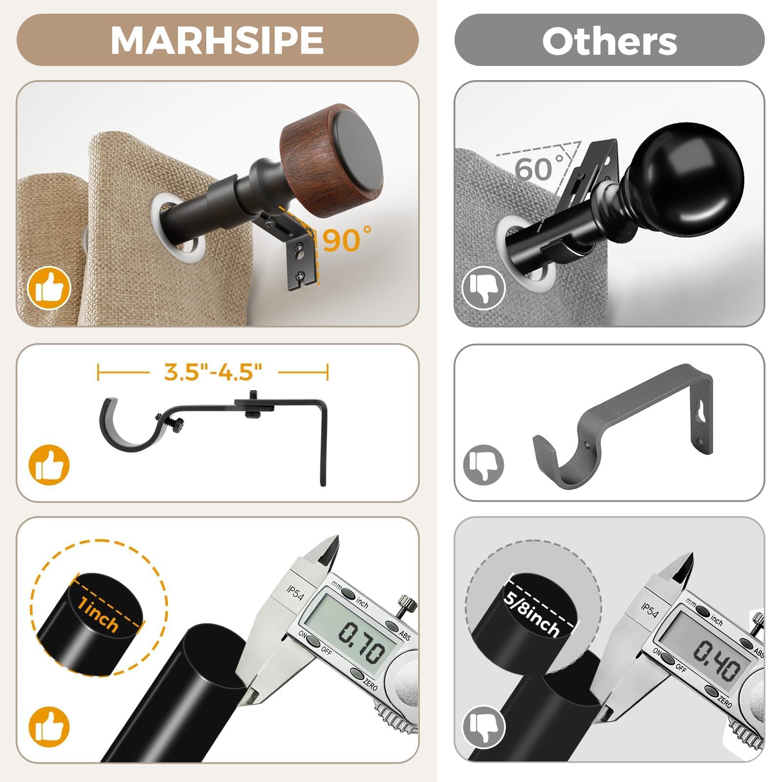MARHSIPE adjustable brackets securely mount curtains on any wall depth