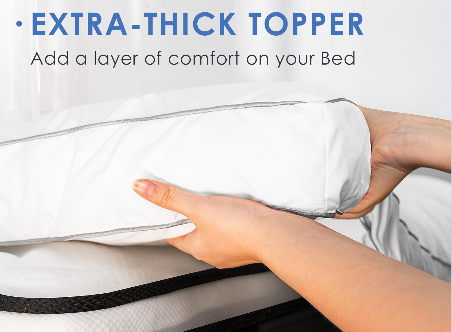 Marine Moon topper on bed demonstrates cooling, breathable feel for all-season use.