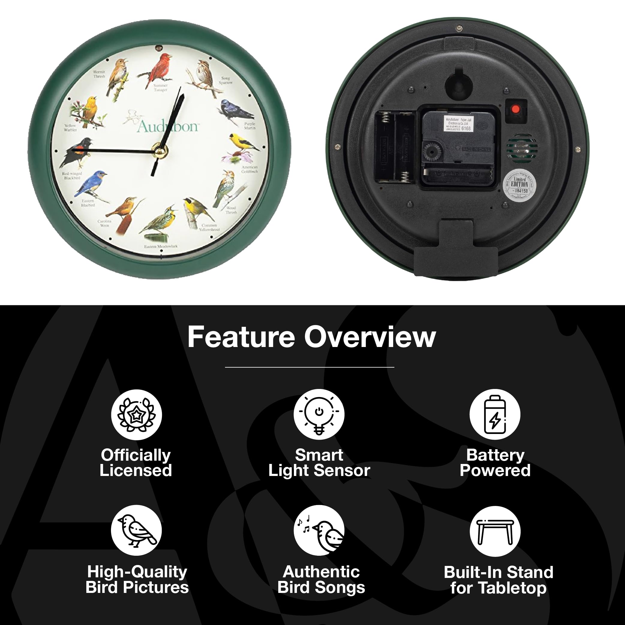 Mark Feldstein Audubon clock, green back view, compact size suits desks.