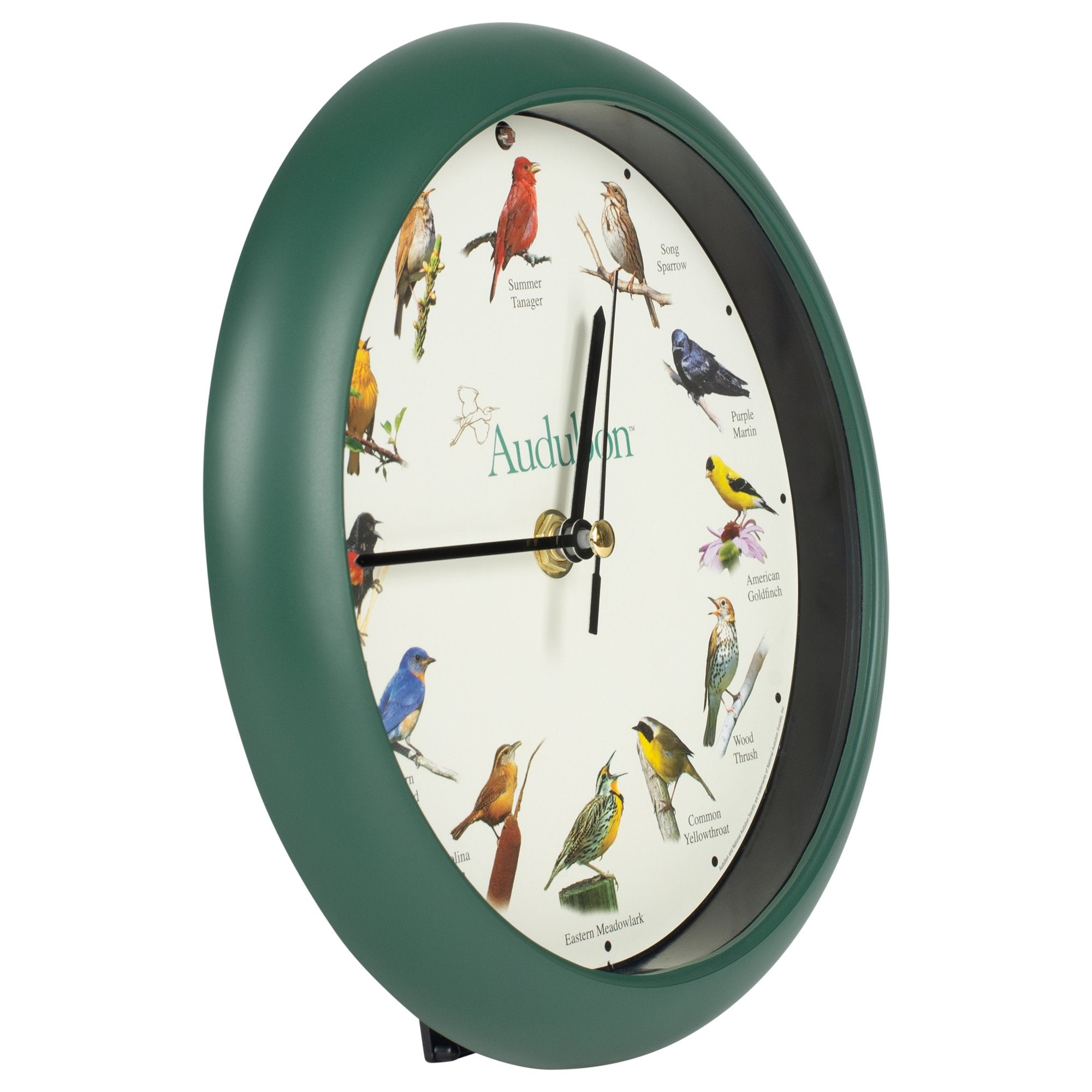 Mark Feldstein Audubon clock, green dial closeup, showcases 12 bird songs hourly.