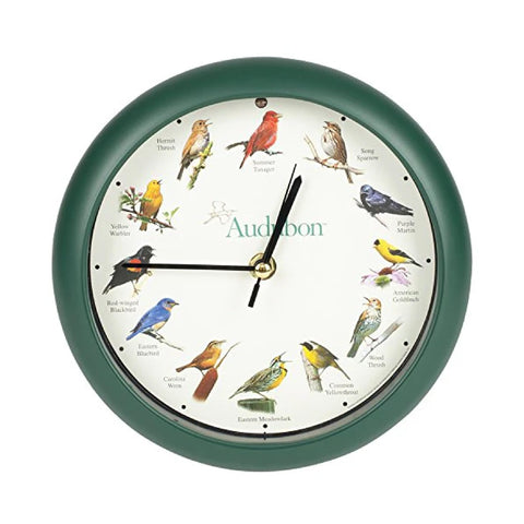 Mark Feldstein Audubon clock in green front view, adds nature-inspired ambiance to living spaces.