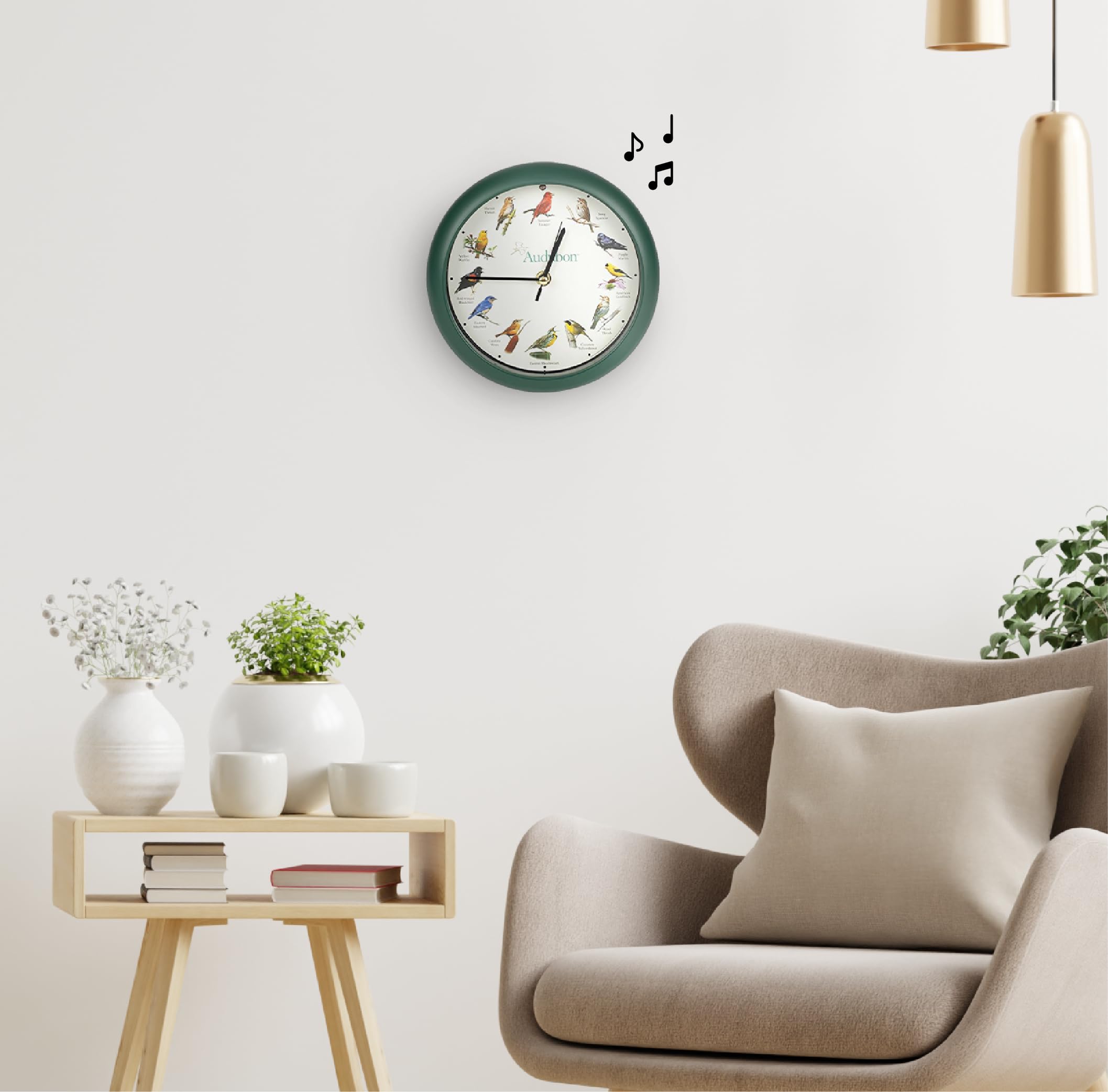Mark Feldstein Audubon clock, 8-inch dial, matte green finish.