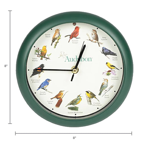 Mark Feldstein Audubon clock, green side view, complements wood tones and decor.