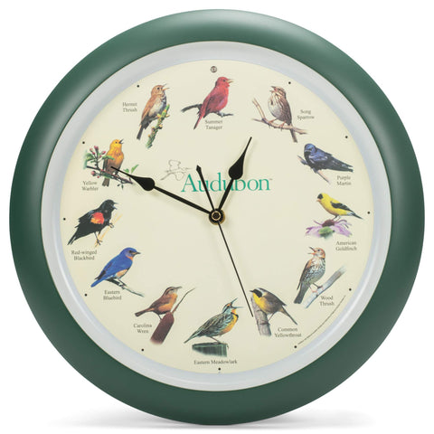 Mark Feldstein Audubon singing bird wall clock with 13-inch green face, decorative and functional.