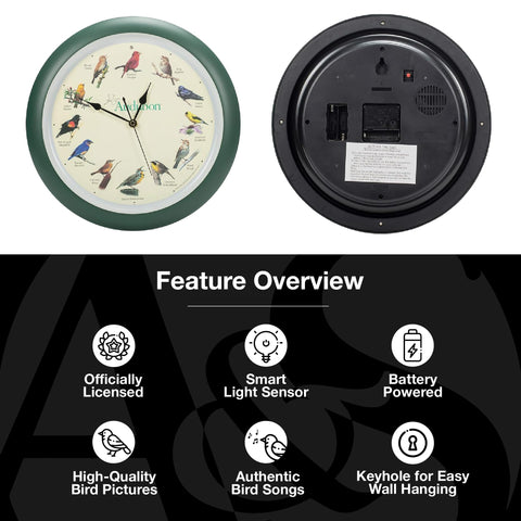 Mark Feldstein Audubon wall clock with back keyhole slot for easy hanging.