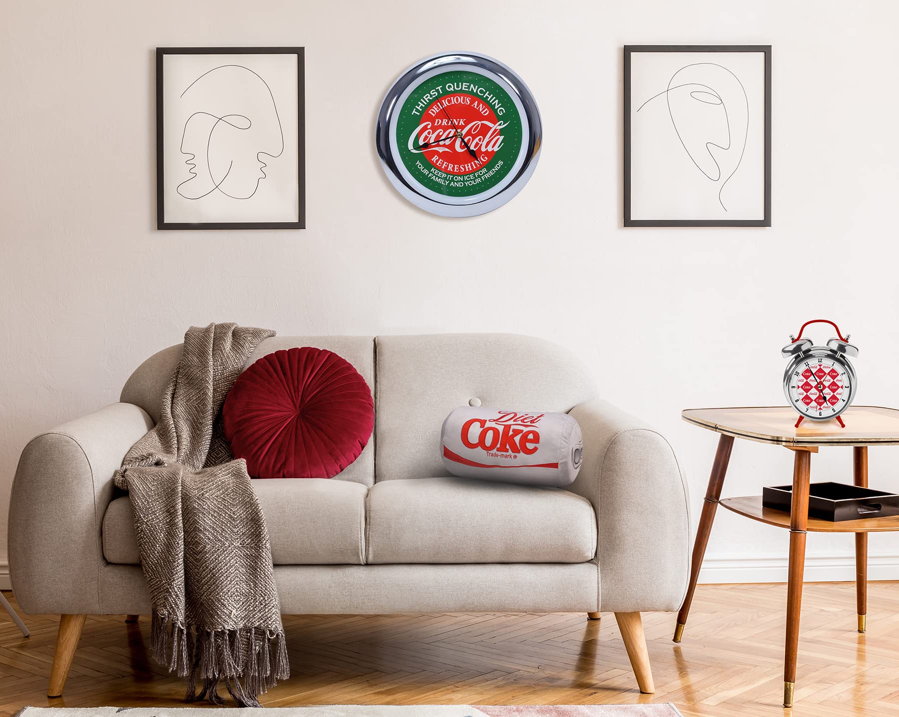 Mark Feldstein Diet Coke pillow on sofa brightens living areas with playful branding.