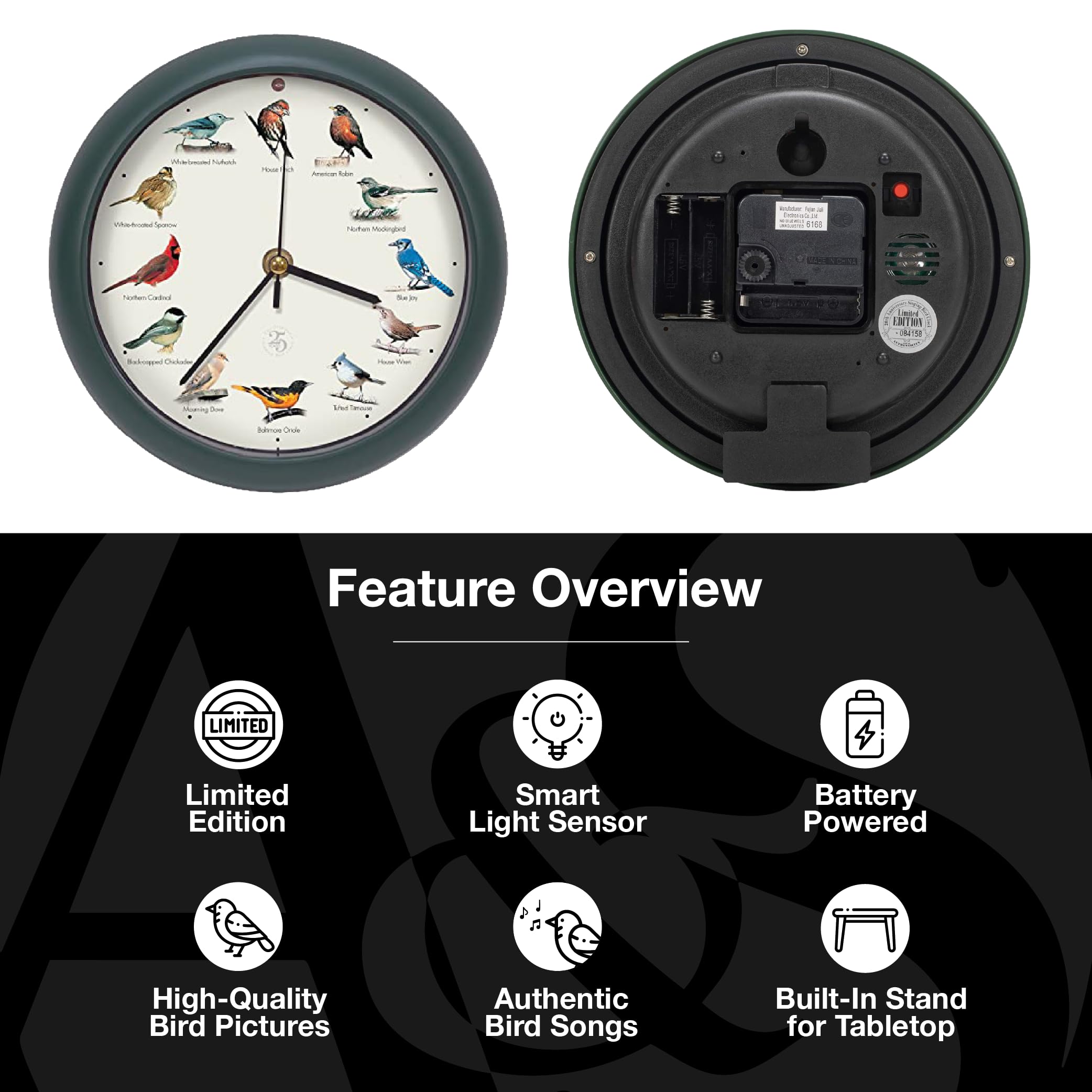 Built-in stand on the Mark Feldstein clock for easy tabletop display.