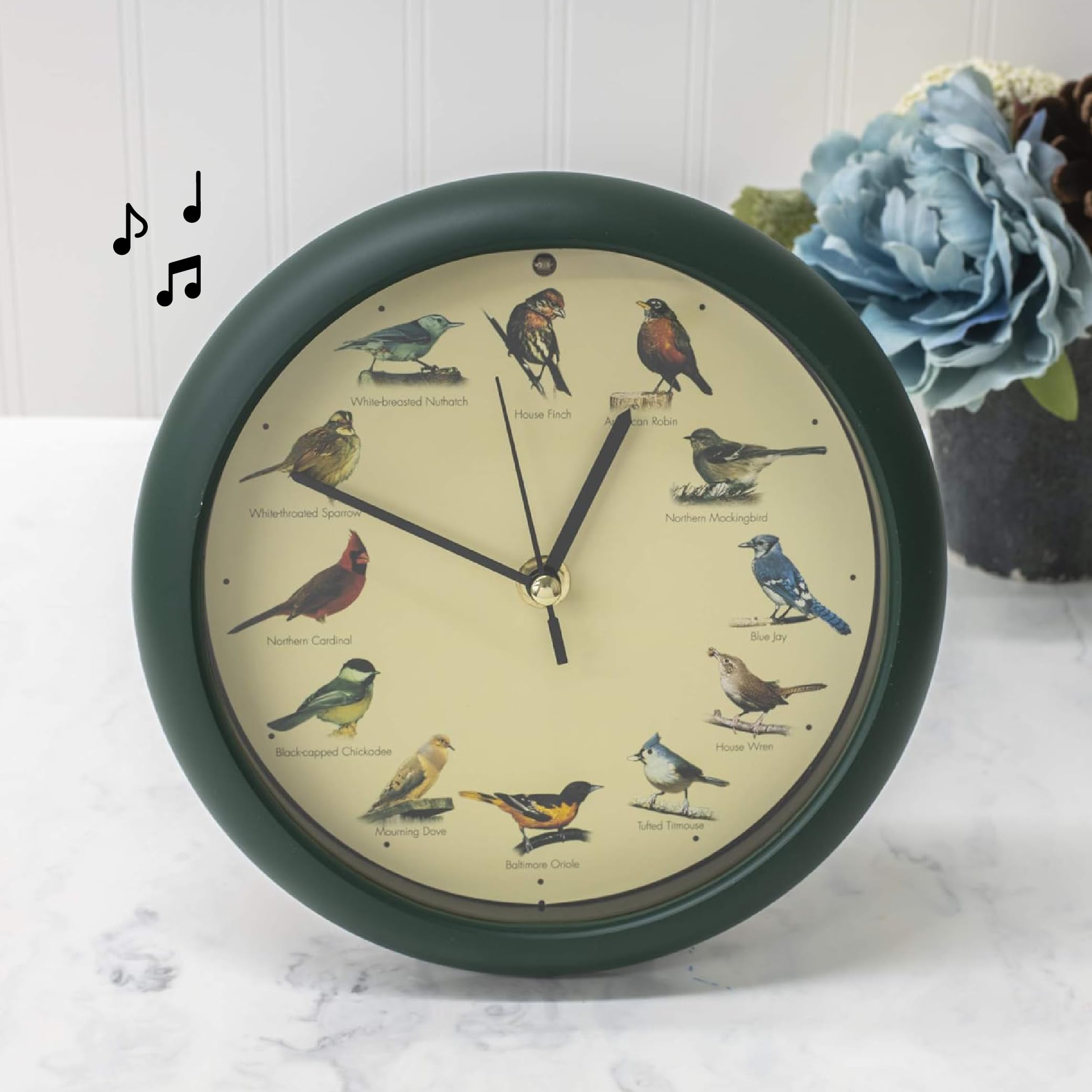 Mark Feldstein original singing bird clock 8 inch green battery-powered with 3 AA batteries.