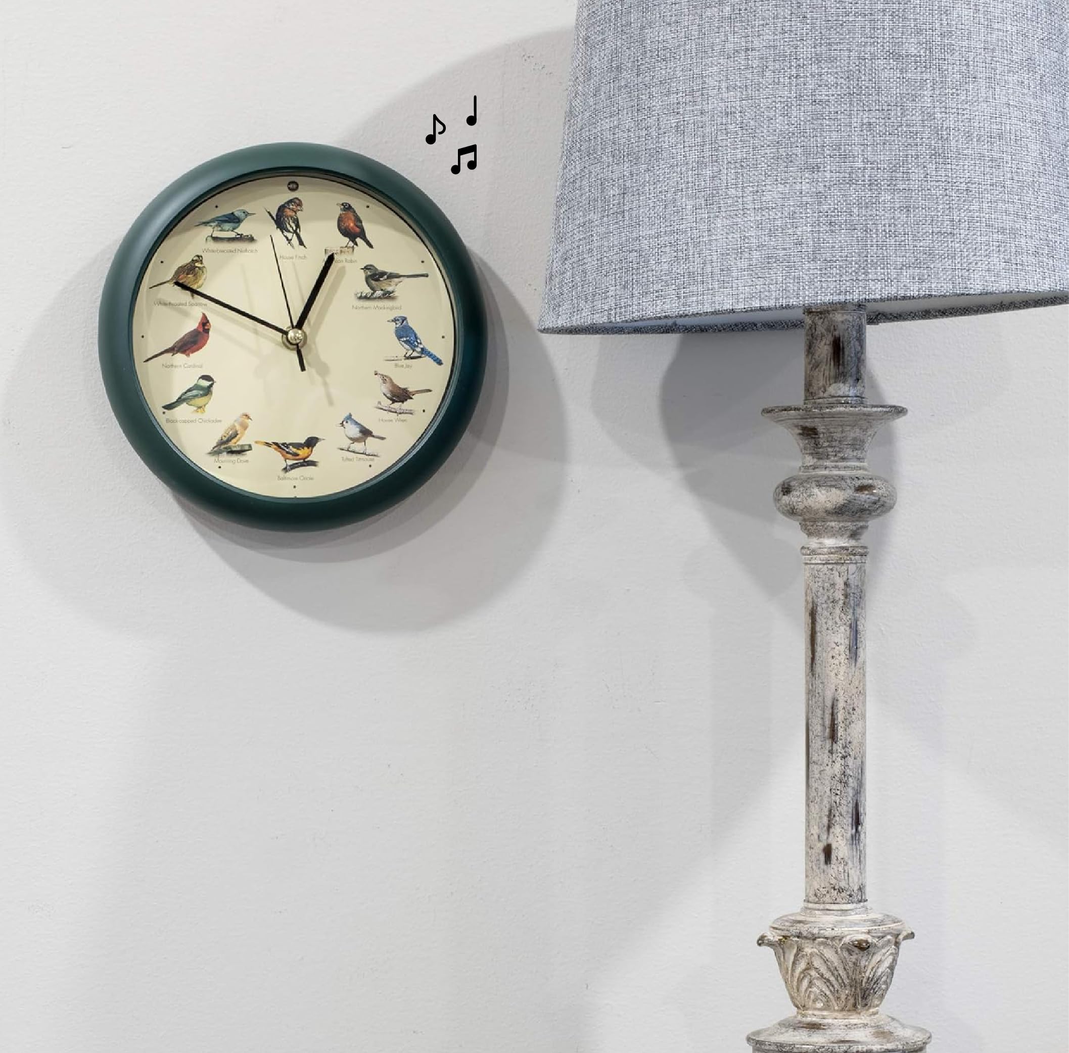 Mark Feldstein original singing bird clock 8 inch green gift-ready for nature lovers.