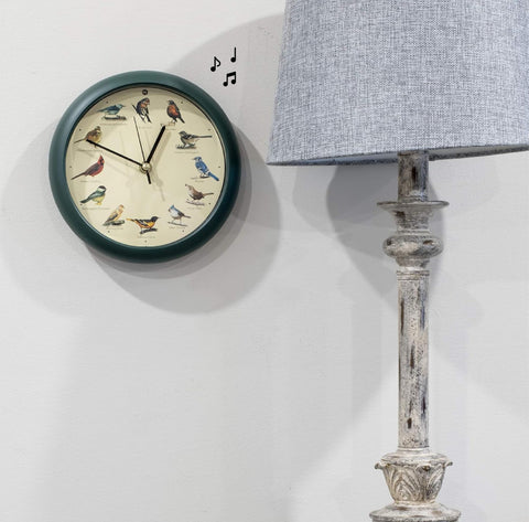 Mark Feldstein original singing bird clock 8 inch green gift-ready for nature lovers.