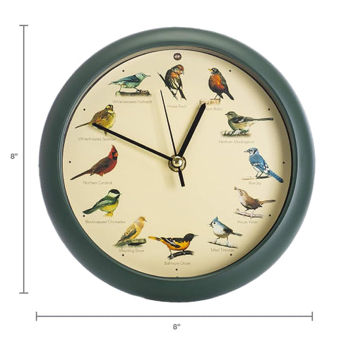 Mark Feldstein original singing bird clock 8 inch green built-in stand for desk or shelf.