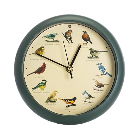 Mark Feldstein original singing bird clock 8 inch green wall display with lifelike bird calls.