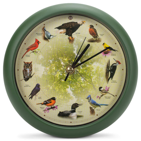 Mark Feldstein Singing Bird Clock 8-inch dial for versatile wall or desk display.