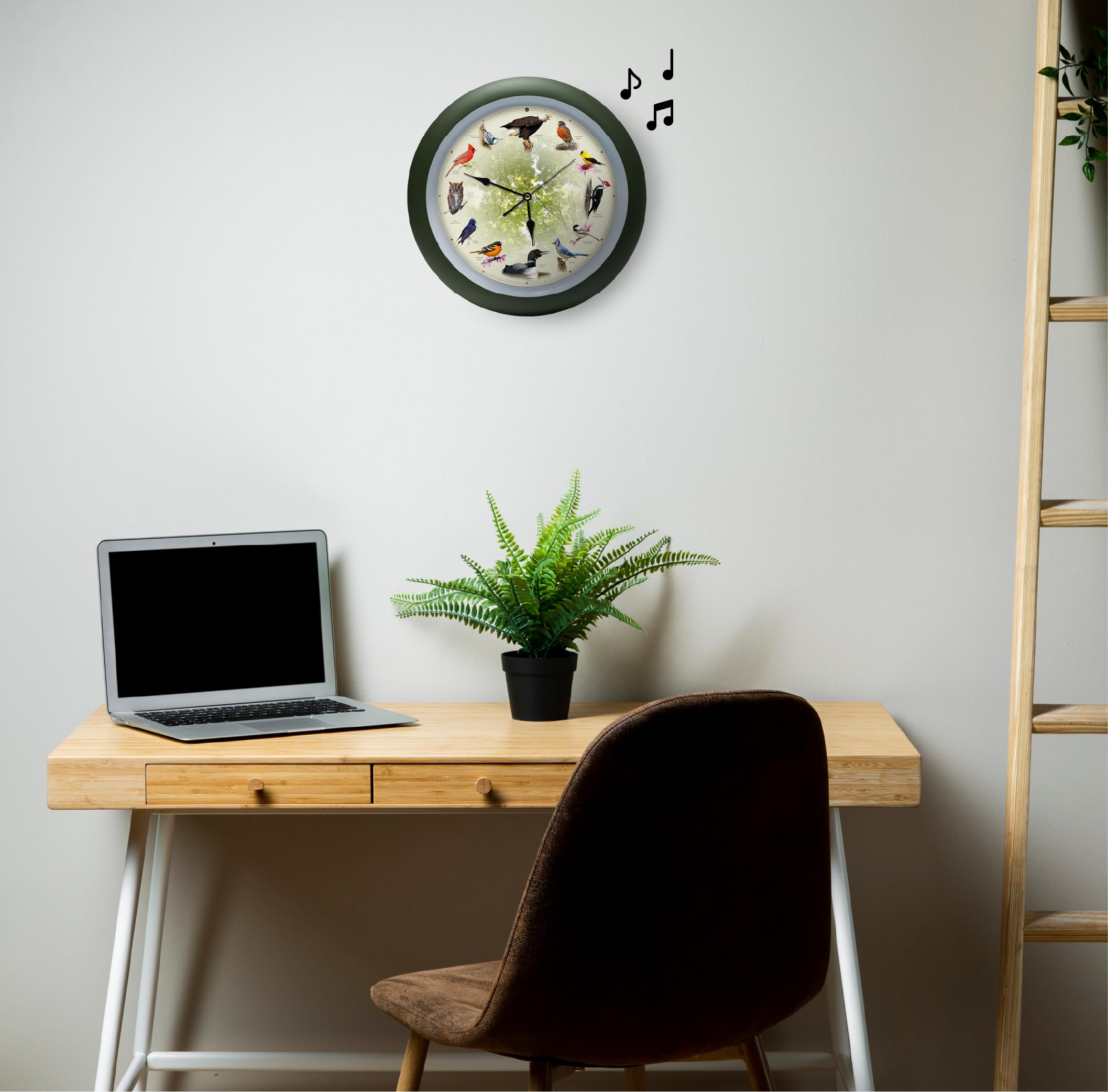 Mark Feldstein Singing Bird Clock in matte green finish adds a timeless focal point.