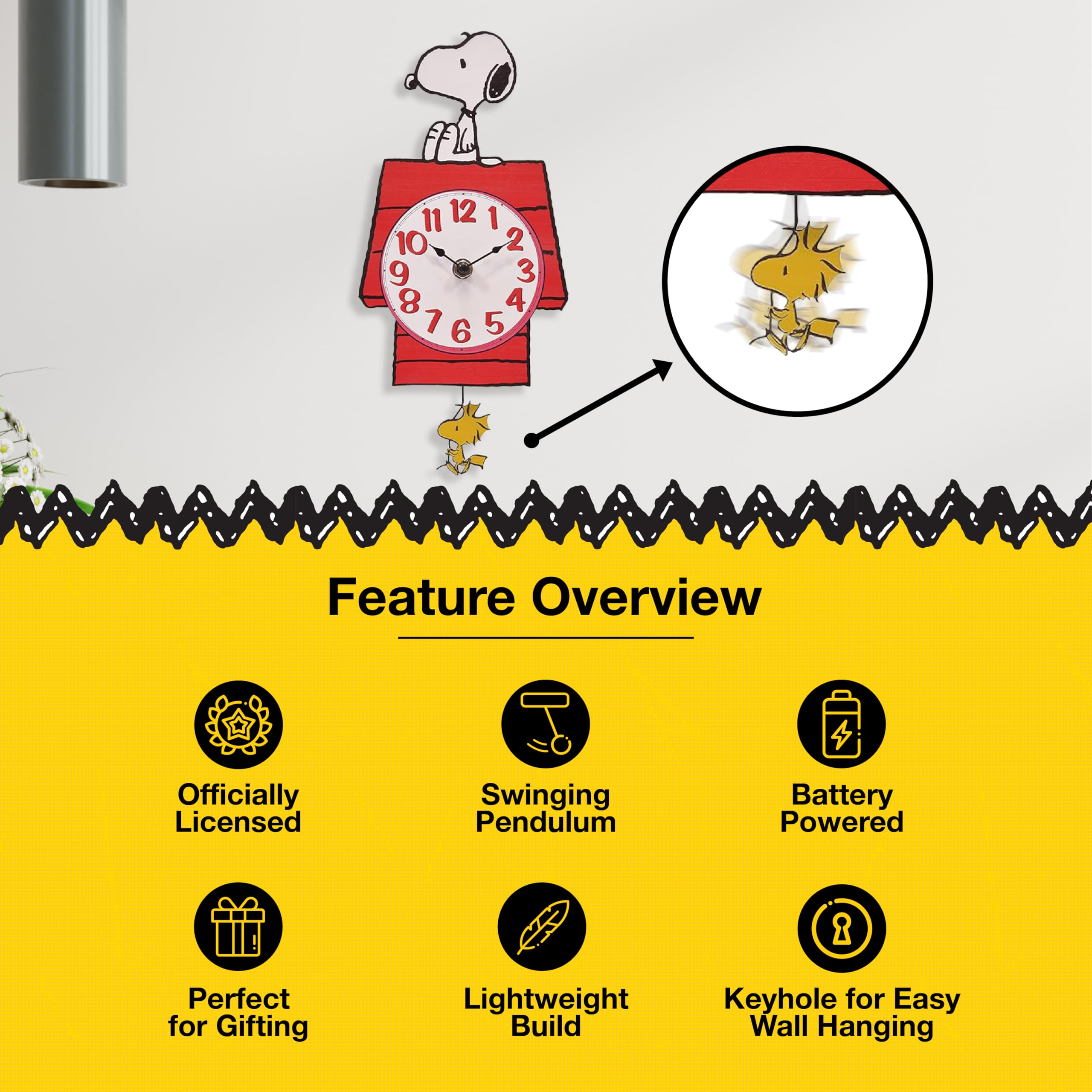 Mark Feldstein Snoopy Doghouse clock features easy back keyhole mounting for quick hanging.