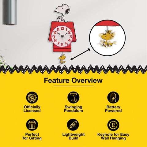 Mark Feldstein Snoopy Doghouse clock features easy back keyhole mounting for quick hanging.