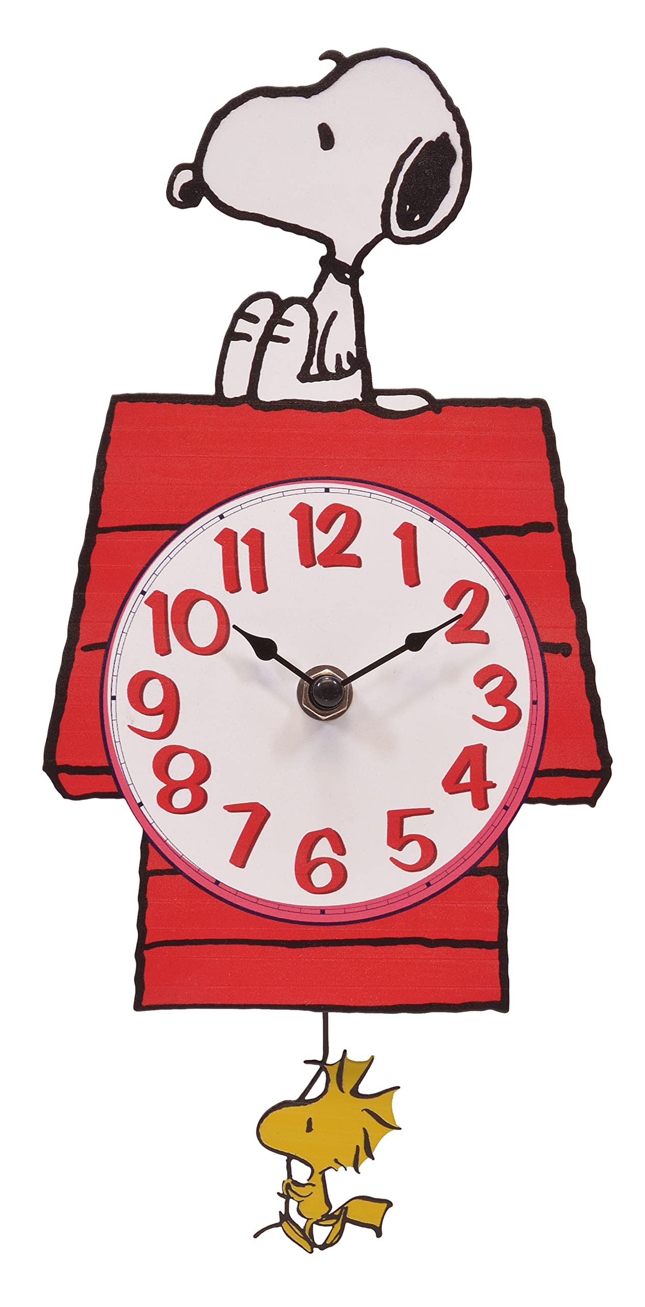 Mark Feldstein Snoopy Doghouse pendulum wall clock on display, a nostalgic conversation piece.