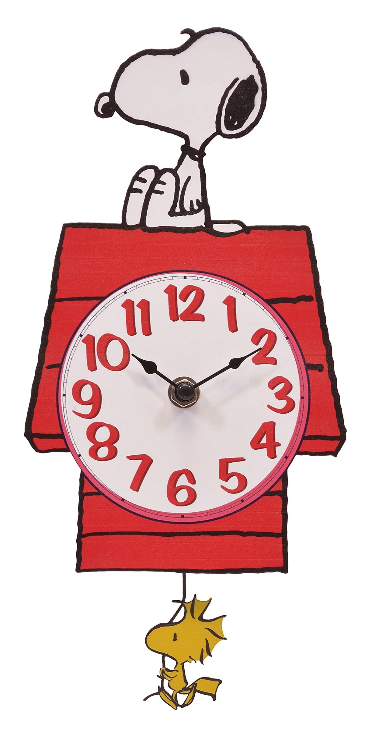 Mark Feldstein Snoopy Doghouse pendulum wall clock on display, a nostalgic conversation piece.